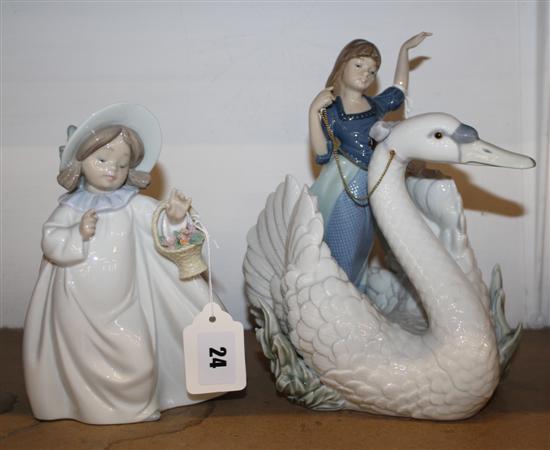 Lladro girl on a swan & girl with basket
